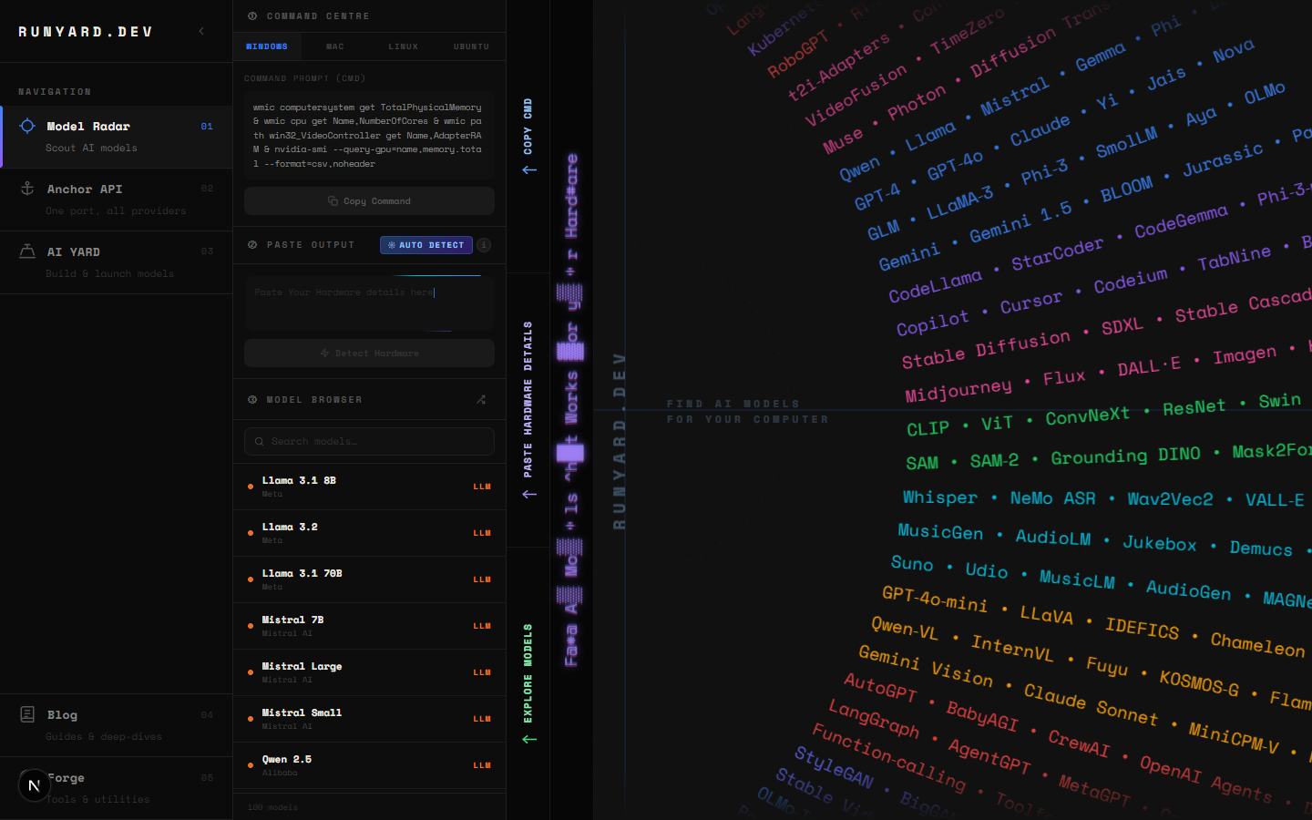 Runyard homepage — enter your hardware specs
